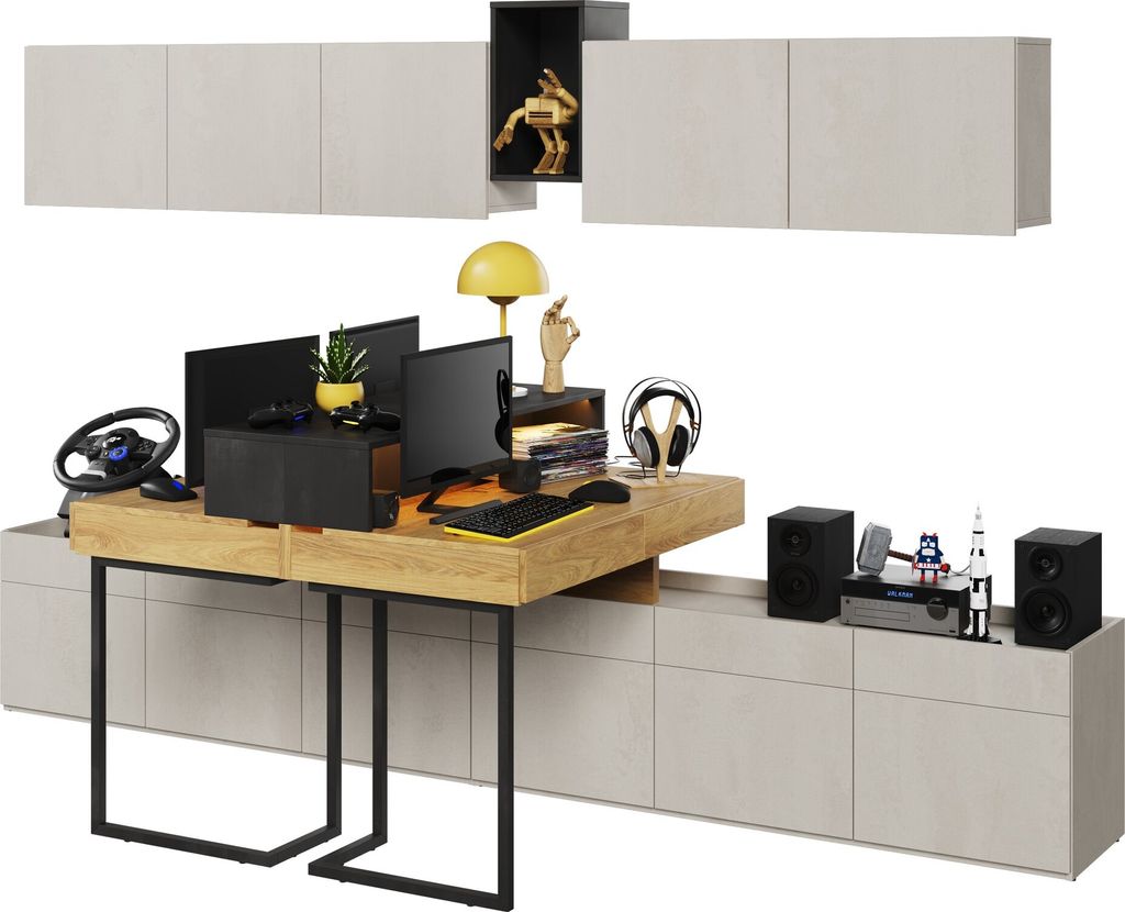 Furniture24 Wohnwand TEEN REST SET-04B für Jugendzimmer Kommoden 2 Schreibtische Hängeschrank Led Licht