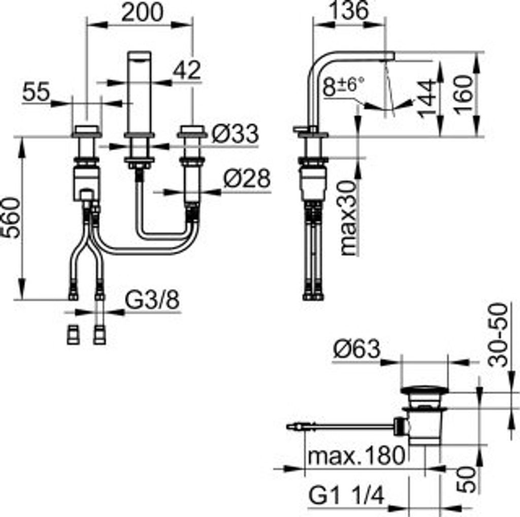 Keuco Dreiloch-Waschtischarmatur 150 EDITION 11 mit Zugstangen-Ablaufgarnitur 1 1/4" Schwarzchrom gebürstet 51115130000