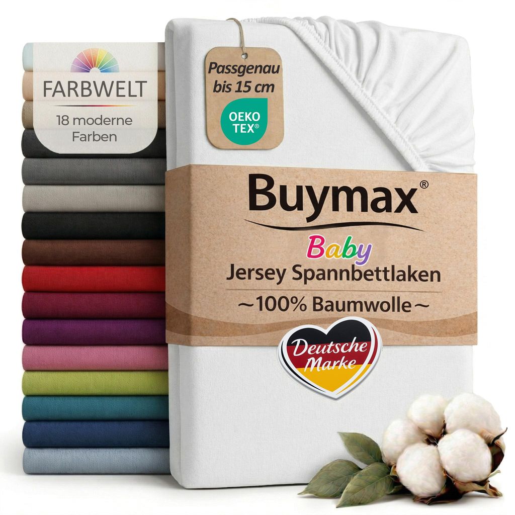 Buymax Baby Spannbettlaken 70x140 cm Weiß, Jersey 100% Baumwolle, Kinderbett Bettlaken, bis 15 cm Matratzenhöhe