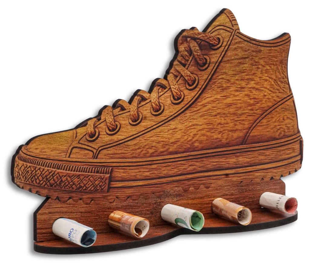 Sneaker in Holzoptik, High-Top-Modell, Geldgeschenke, Geschenkverpackung, Geldgeschenk, kreatives Geldgeschenk, Geburtstag, Hochzeit, Weihnachten