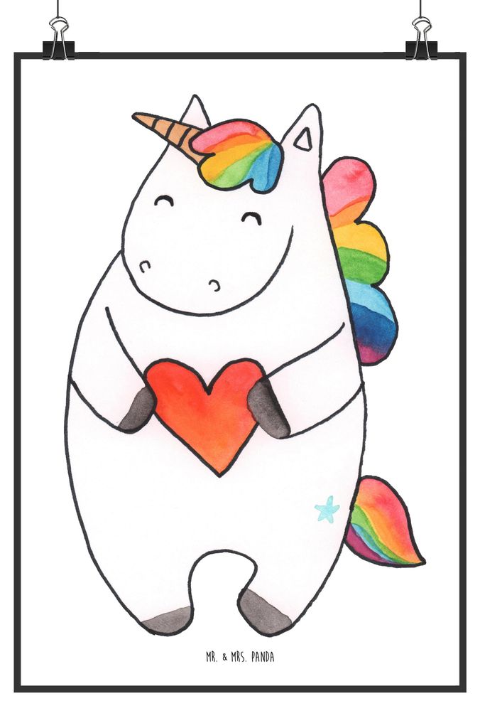 Mr. & Mrs. Panda Bild Einhorn Herz DIN A5 - Weiß - Geschenk, Unicorn, Kunstdruck, Wandbild, Einhörner, Lustig, drucke, Bunt, Freundin, wanddeko, ...