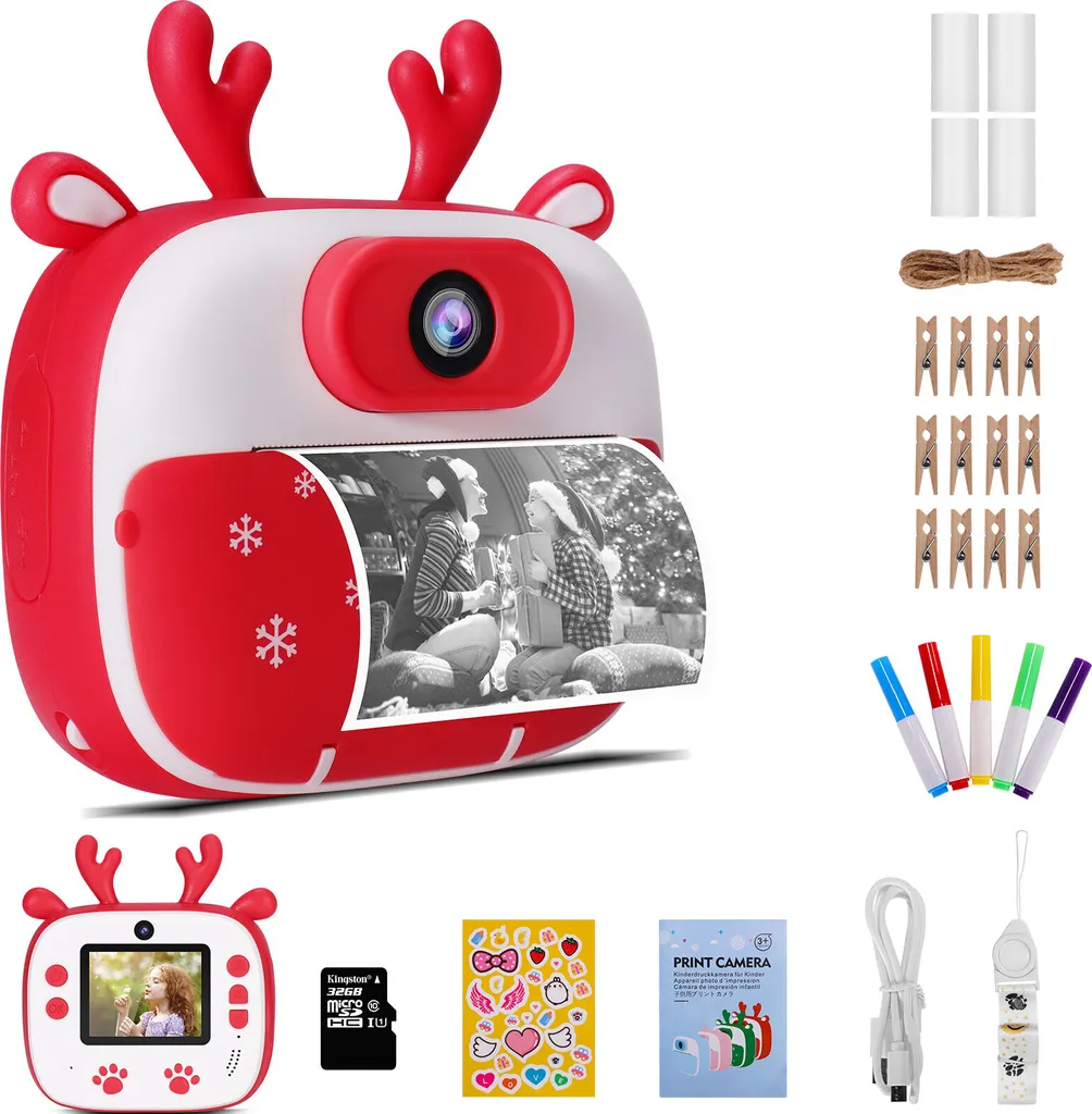 Appareil photo enfant 40 MP avec impression selfie et carte 32 Go rouge