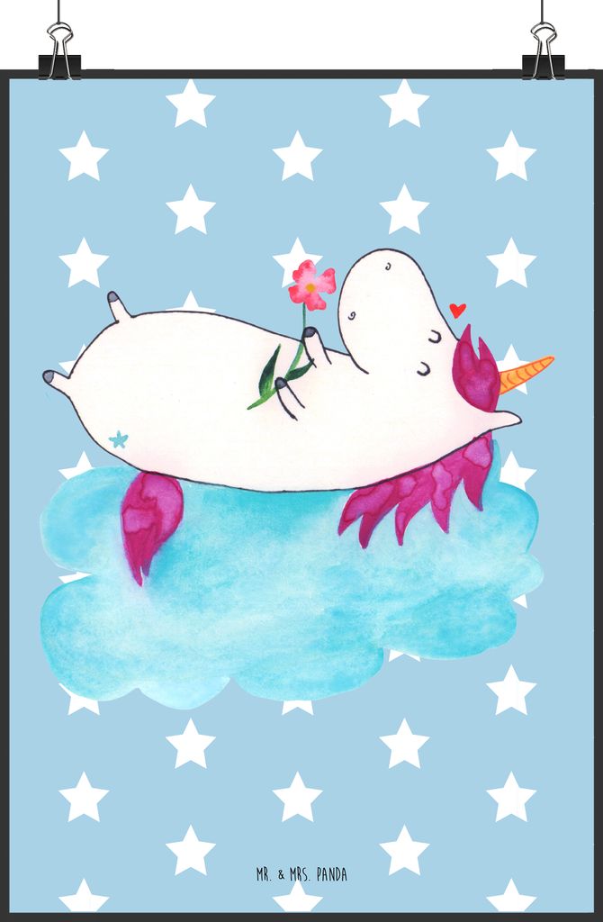 Mr. & Mrs. Panda Bild Einhorn Verliebt DIN A2 - Blau Pastell - Geschenk, Liebe, Design Poster, Unicorn, Wandbild, Kunstdruck, Wolke, drucke, Plakat...