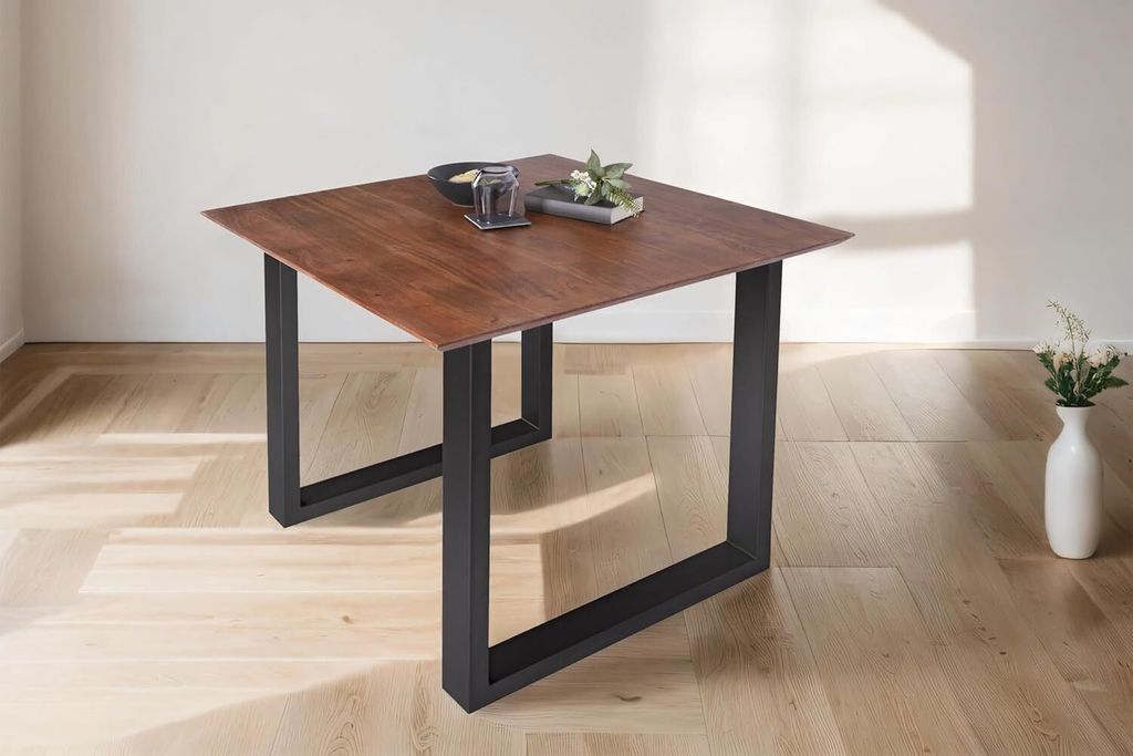 Esstisch 80x80 cm Atlanta, Akazienholz massiv + nussbaumfarben, Esszimmertisch mit Schweizer Kante, U-Metallgestell Schwarz, massiver Holztisch