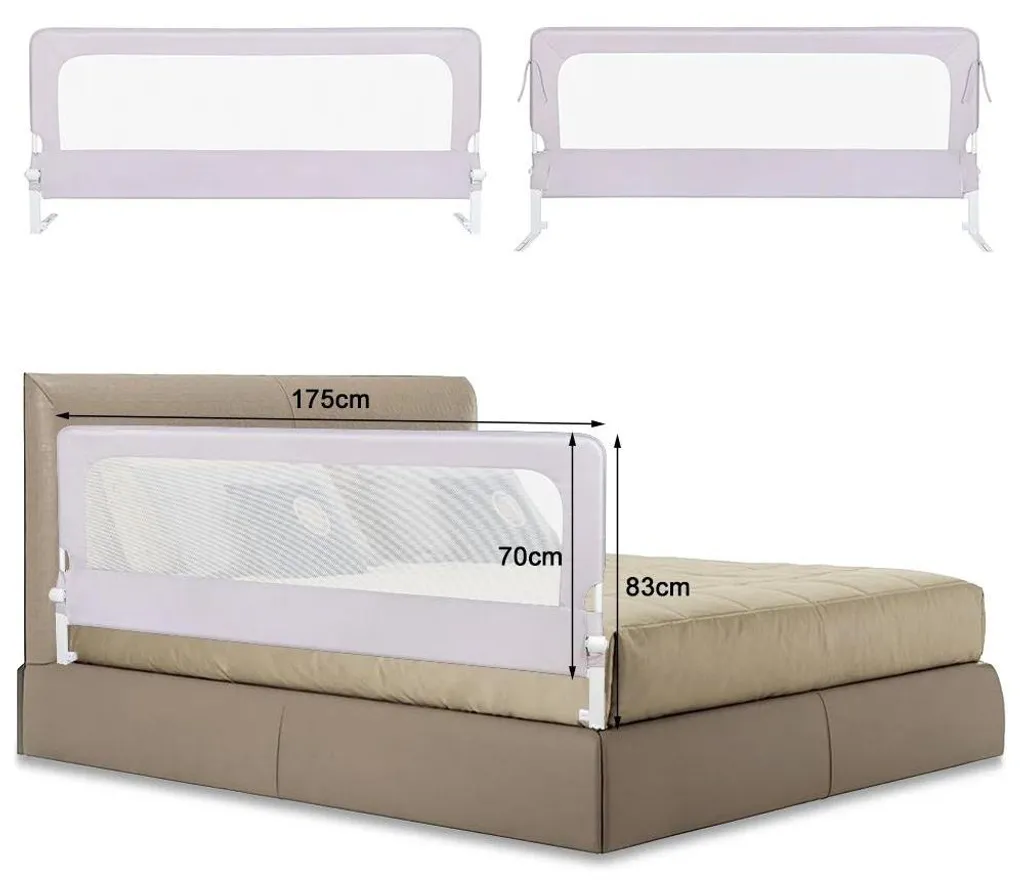 Barrière de lit 180 cm en fer antichute gris pour bébés de 7 à 12 mois