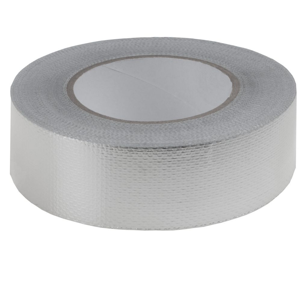 A roll of silver tape on a white background.