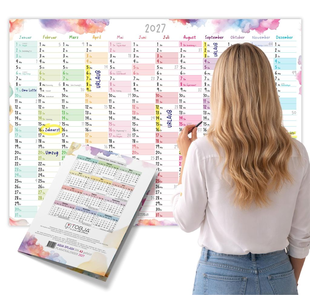 Wandkalender 2027 A3 Aquarell Splash Querformat – Produktbild 