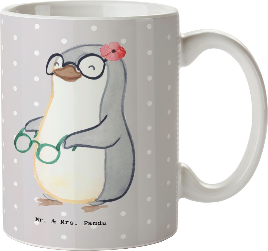 Mr. & Mrs. Panda Teetasse Augenoptikerin Herz - Grau Pastell - Geschenk, Optikerin, Eröffnung, schöne tasse, Trinkbecher, Brillengeschäft, Jubil...