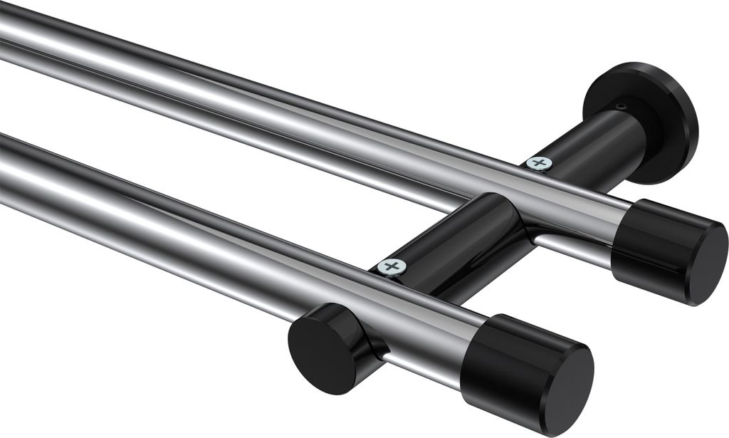 Interdeco Gardinenstange / Vorhangstange Chrom / Schwarz, Typ Platon Santo (Kappe) ohne Ringe, 20 mm Ø 2-läufig, 100 cm