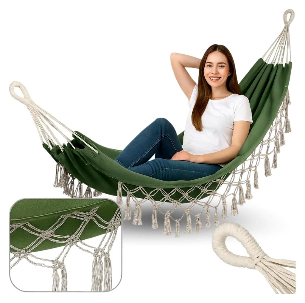 Hängematte zum Aufhängen - Grün - 200 x 150 cm - Belastbarkeit bis 200 kg, für Terrasse, Balkon, Garten, Indoor, Outdoor, Camping im Boho-Stil