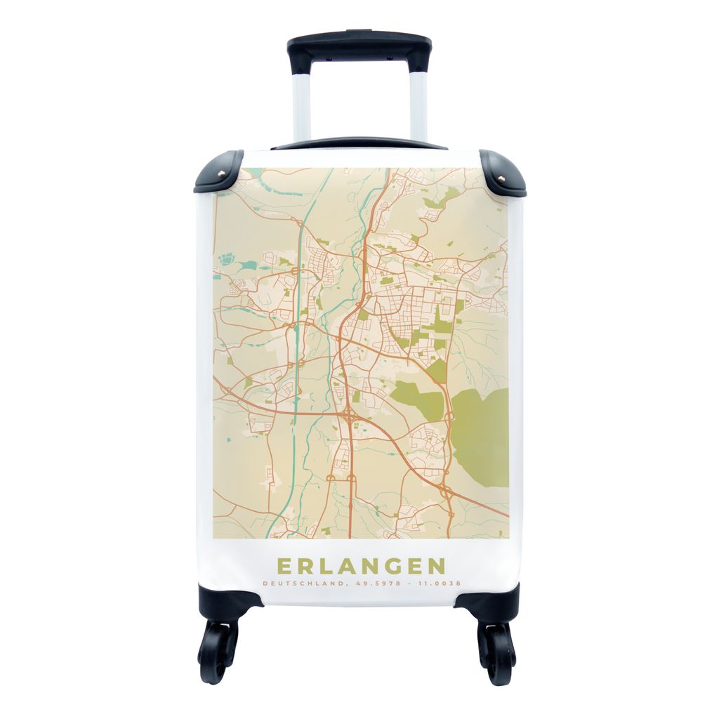 MuchoWow Koffer Handgepäck Trolley Rollkoffer Kleine Reisekoffer mit 4 Rollen - Erlangen - Jahrgang - Stadtplan - Karte - Cabin Size < 55x40x23 ...