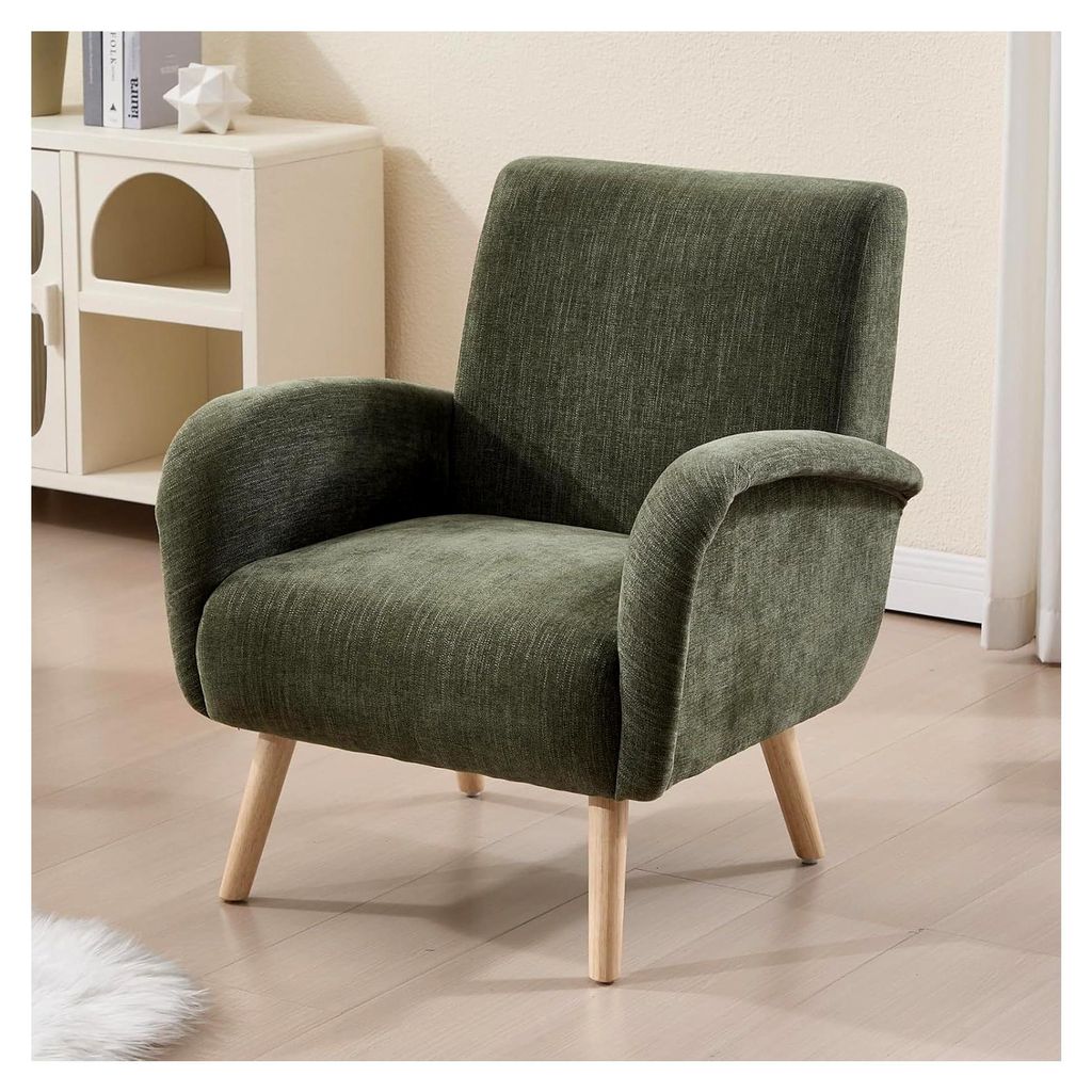 Moderner Loungesessel mit Chenille-Stoff und Massivholzbeinen, bequemer Lesesessel für Wohnzimmer und Schlafzimmer, einfacher Aufbau, Grün