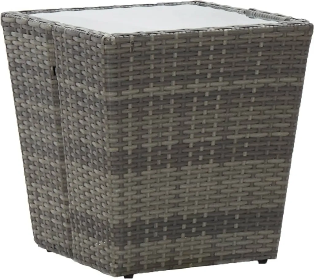 Table d'appoint Grise en Poly Rotin Robuste et Plateau Verre Sécurisé