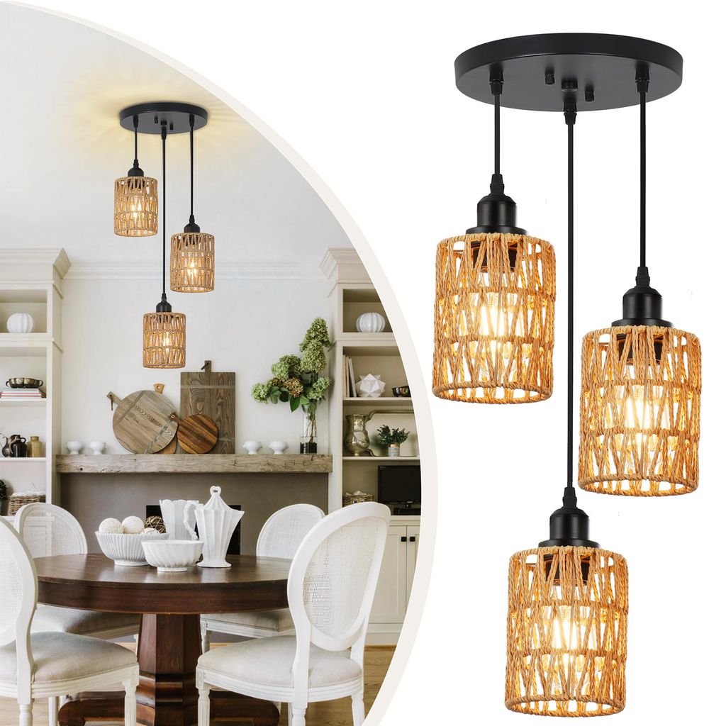 A collage showing a dining room with a chandelier and a close-up of the chandelier.