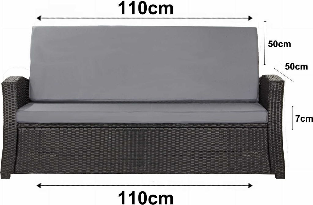 A front view of a gray outdoor bench cushion on a dark woven bench.