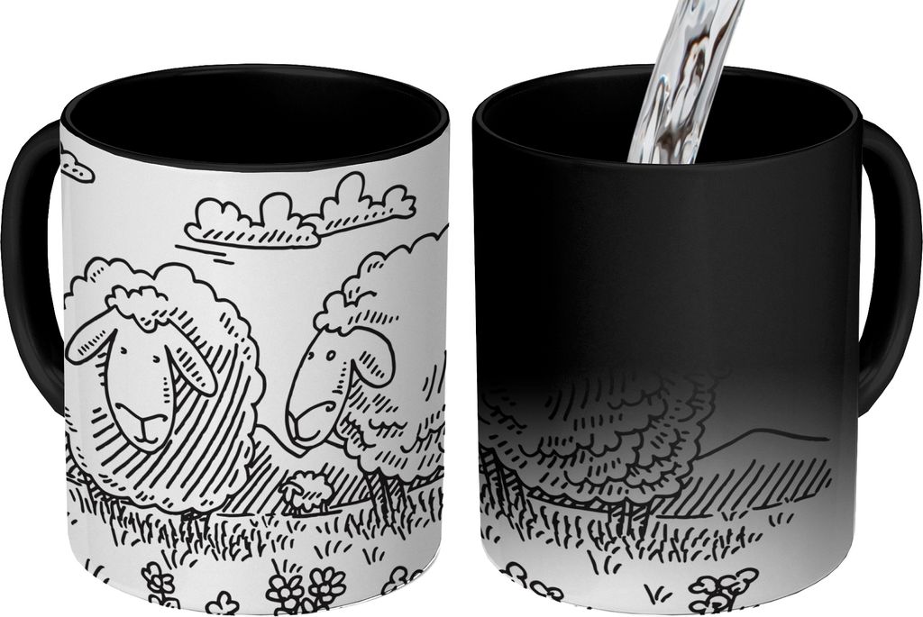 MuchoWow Zauber Tasse Zaubertasse Magic Eine Illustration von zwei Schafen auf der Wiese 350 ml Farbwechsel Becher Geschenk Geschenkidee - Magic-...