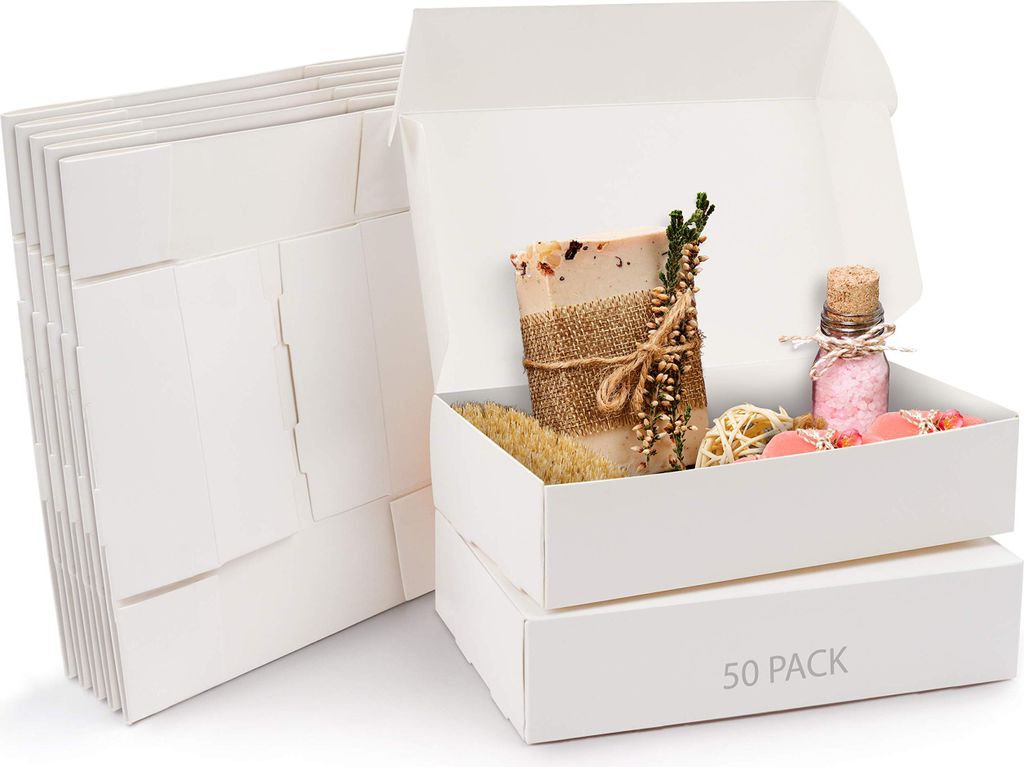 Kurtzy Karton Geschenkboxen Weiß (50 Stk) – Schachteln 19 x 11 x 4,5cm Pappschachteln mit Deckel – Kraftpapier Geschenk Box Rechteckig zum Selber