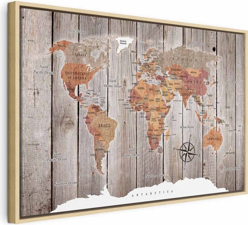 Italienischer Leinwand Leinwandbild - World Map: Wooden Stories 60x40 cm Karten k-C-0050-b-b