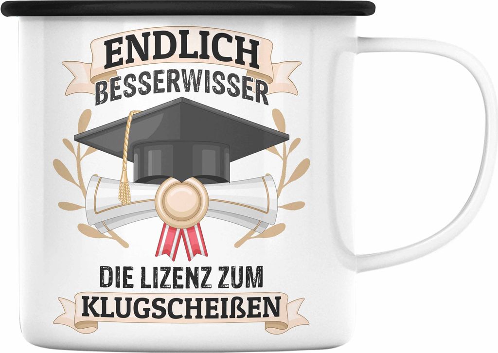 Trendation - Bachelor Abschluss Geschenk Emaille Tasse Prüfung Bestanden Uni Graduation Geschenkidee - Endlich Besserwisser (Schwarz)