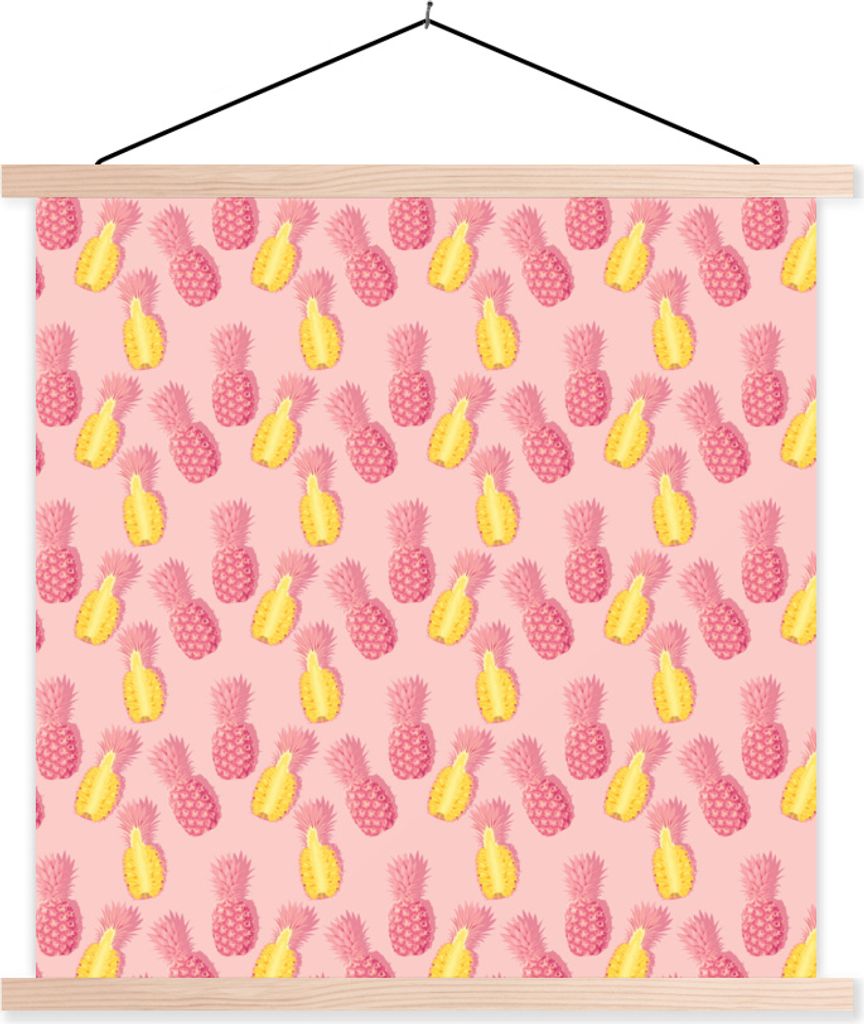 MuchoWow Textilposter Sommer - Ananas - Muster - Rosa 120x120 cm mit holzfarbenen Rahmen - Textil-Poster