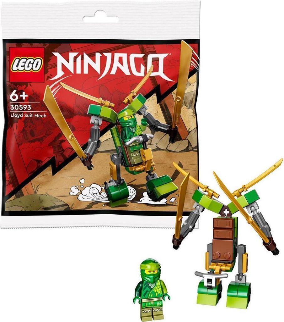 A LEGO Ninjago polybag set featuring Lloyd's Mech and a minifigure.