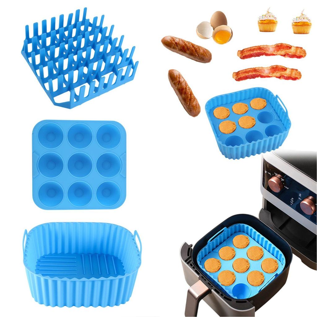 3er Set Silikonform Heißluftfritteusen Zubehör für Airfryer, Silikon Backform, Speckhalter, Muffinform, Blau