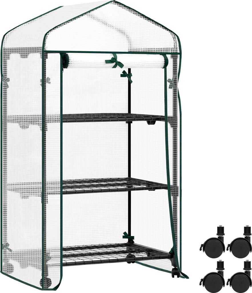 Gewächshaus für Garten - Mini-Gewächshaus 70x50x131 cm - 3 Regalböden - Rolltür - Mit Rädern - Winterschutz - Tomatenhaus - Beige