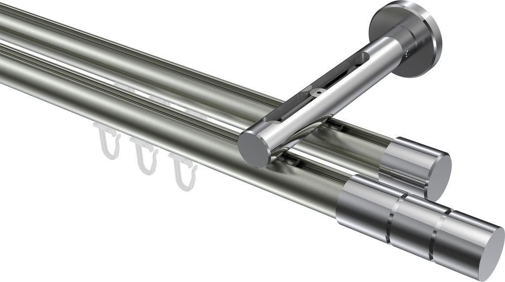 Interdeco Innenlaufstange / Gardinenstange mit Innenlauf Edelstahl-Optik / Chrom, Typ Siteno Elanto (Rillenzylinder), 20 mm Ø 2-läufig, 240 cm