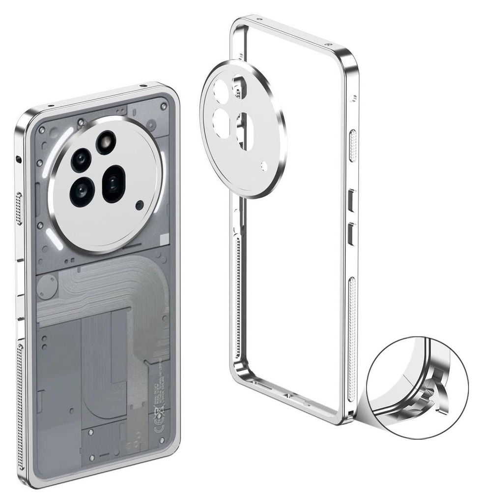 A silver metal frame phone case is shown from the back and side, with a close-up inset of the frame's corner.
