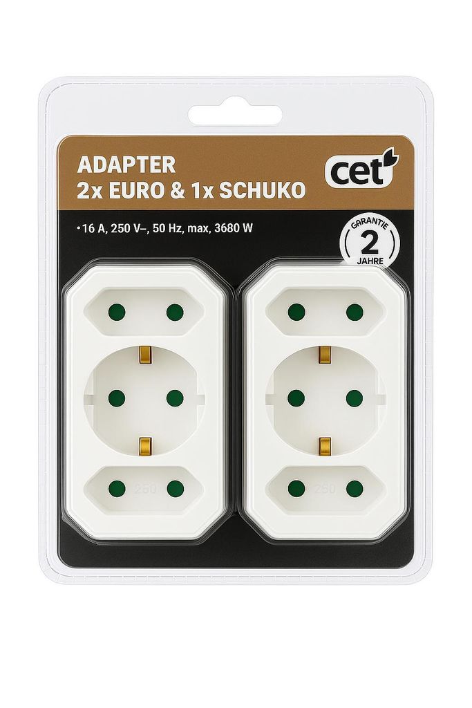 CET Steckdosenadapter 2× Euro & 1× Schuko – 16 A, 250 V, 3680 W | Mehrfachstecker Adapter mit Kindersicherung | Weiß