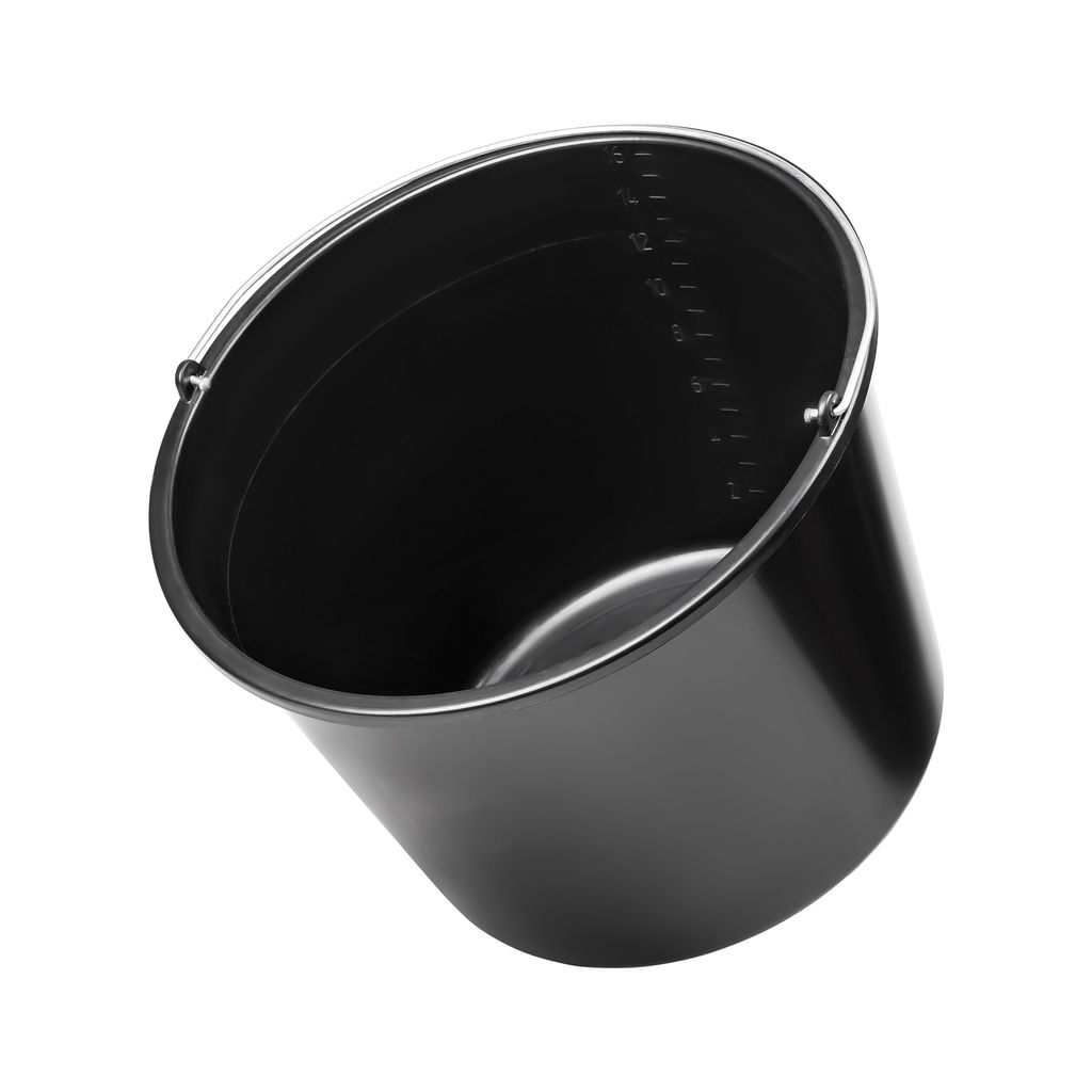 A black bucket is shown against a white background.