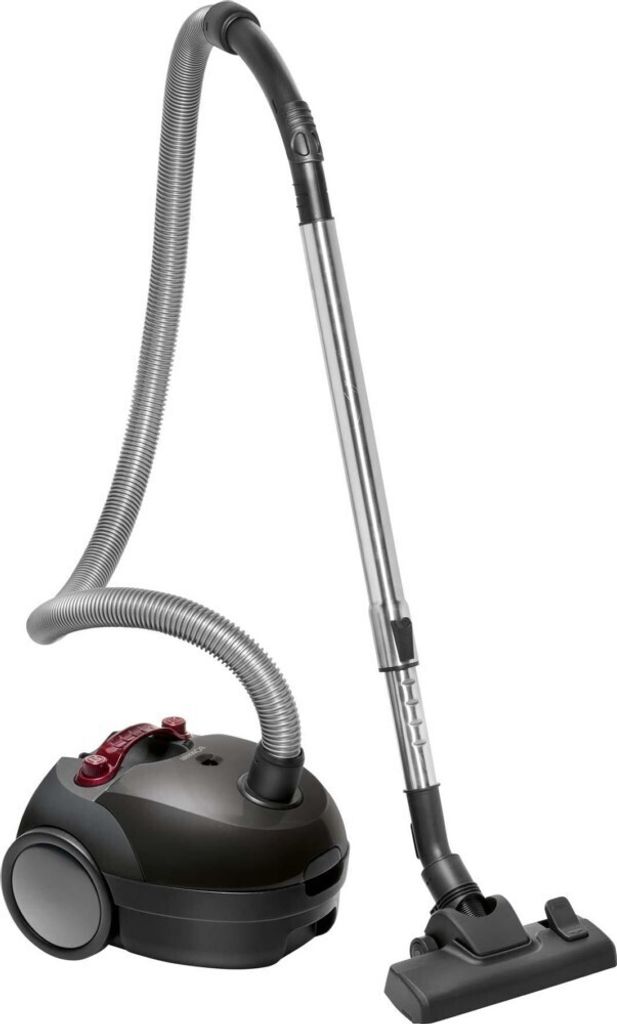A black and red vacuum cleaner is shown against a white background.