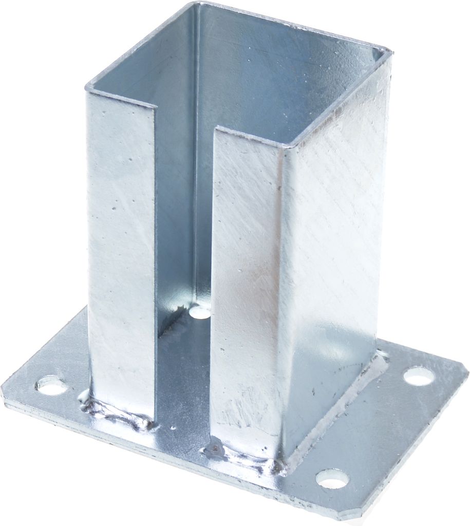 A metal post anchor with a square opening and a flat base with screw holes.