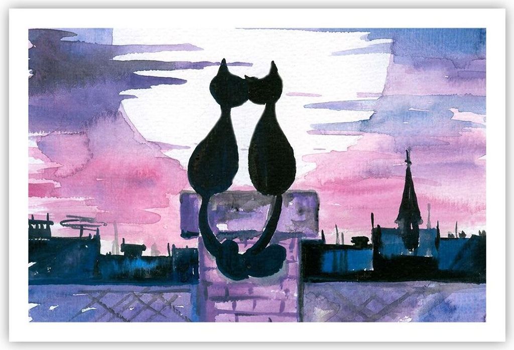 Poster - Poster ohne Rahmen - Katzen Dach Liebe Tier - 91,5x61 cm - Wand Bild - Wanddeko - Wandbilder - Kunstposter - Wandposter - Bilder - Kunstdr...