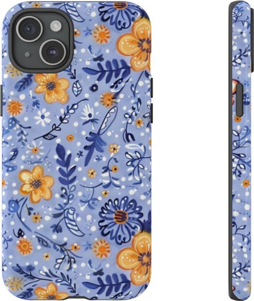 Blumenmuster in Blau und Orange – Hülle Kompatibel mit iPhone 15 Plus