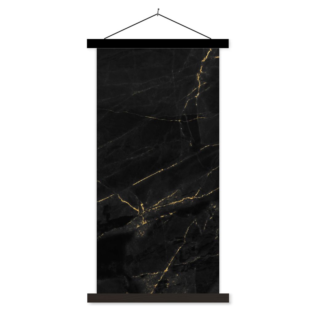 MuchoWow Textilposter Marmor - Schwarz - Gold - Chic - Marmoroptik - Design 60x120 cm mit schwarzem Rahmen - Magnete