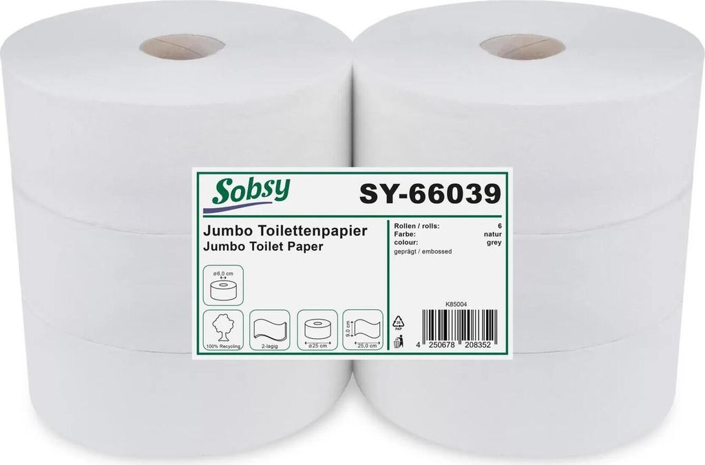 6 Rollen Jumbo Toilettenpapier 2-lagig Recyclingpapier Kerndurchmesser 6.0 cm