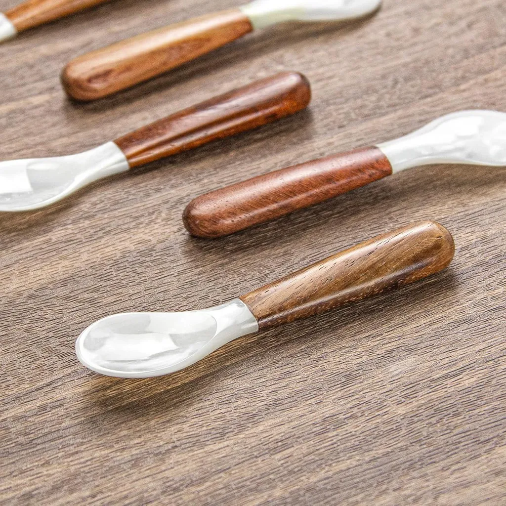 Set de 6 Cuillères à Caviar en Nacre et Manche en Bois de 4 Pouces