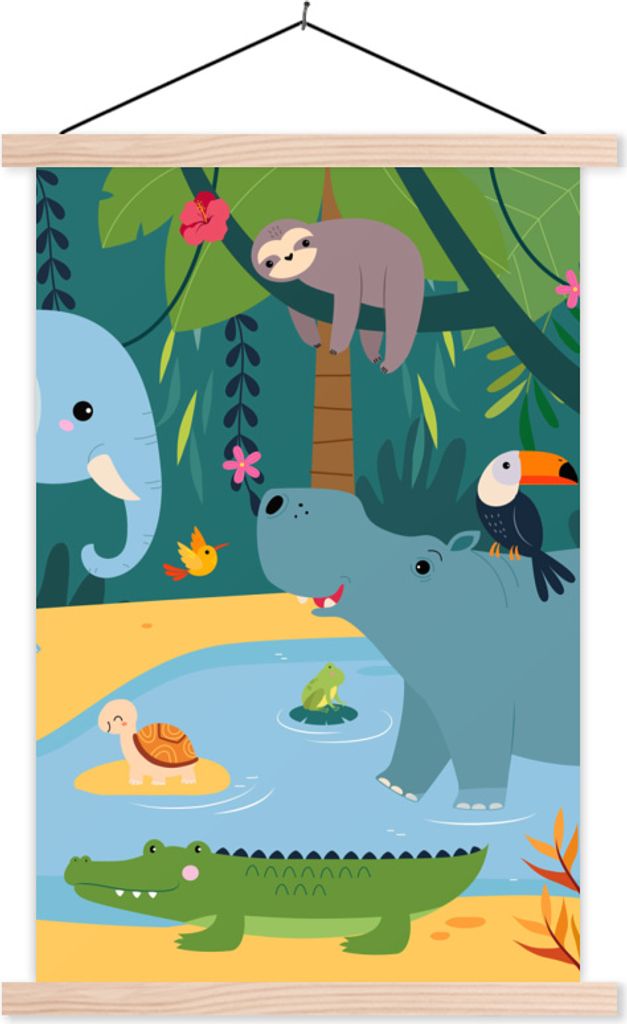 MuchoWow Textilposter Blumen - Tiere - Dschungel - Kinder 40x60 cm mit holzfarbenen Rahmen - Poster