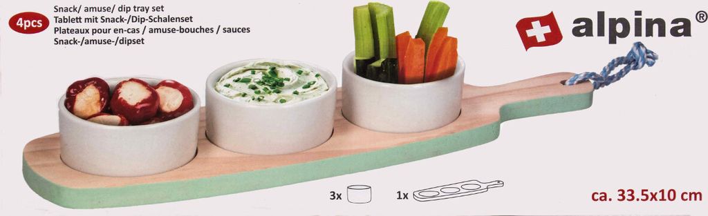 Snack- und Soßenschalen-Set von Alpina auf Holzbrett, Keramik-Schalen, Design rustikal Größe ca. 33 x 4,5 cm, Farbe Blau