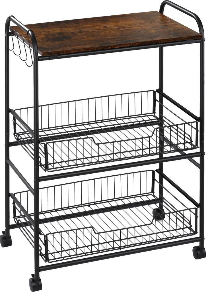 HOMCOM Hilfswagen mit Rädern, 3-stufiger Gemüsewagen, Küchenwagen mit 2 Körben und 4 Haken für Esszimmer, Wohnzimmer, 60 x 38 x 85,5 cm, rusti...