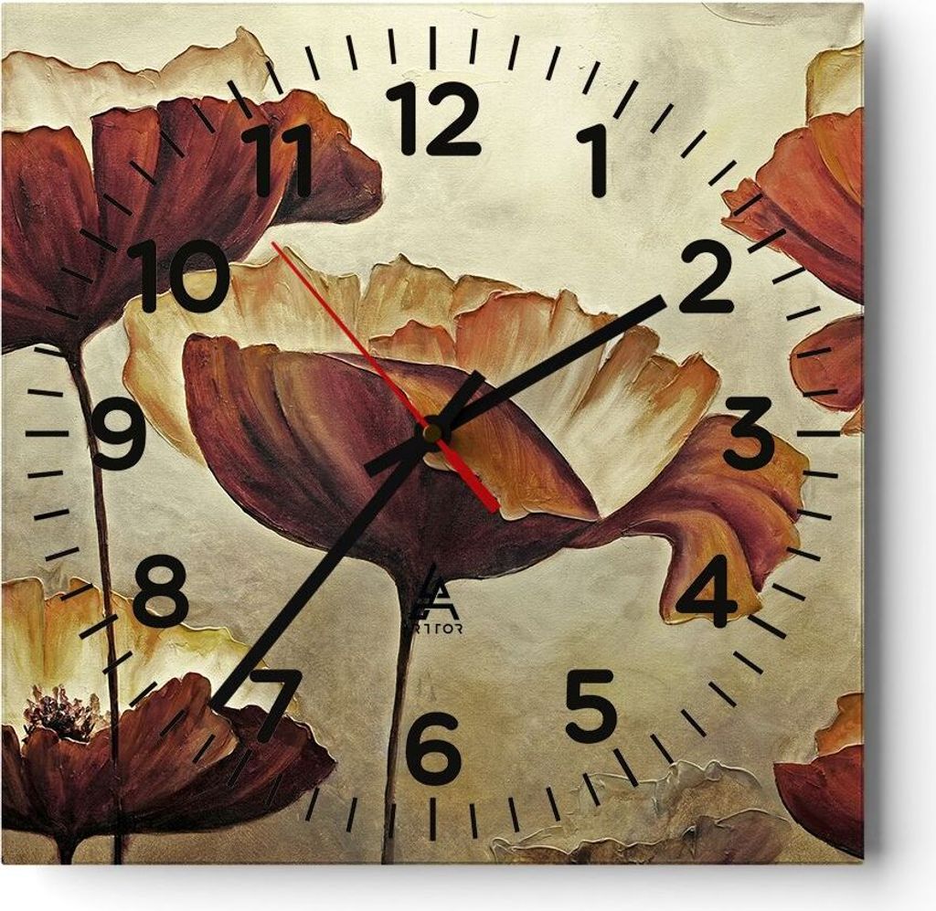 Wanduhr - Quadrat - Glasuhr - Mohn Blume Wiese - 30x30cm - Schleichendes Uhrwerk - Lautlos - zum Aufhängen bereit - Dekoration Modern - Wanddekora...
