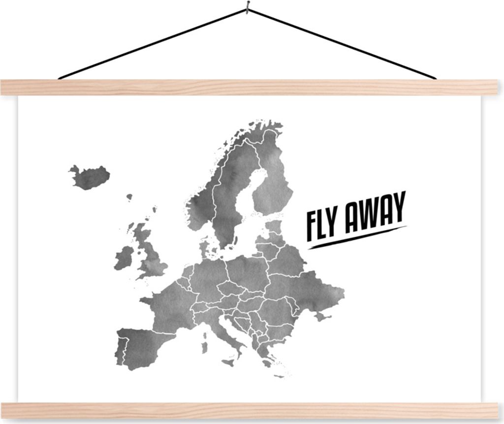 MuchoWow Textilposter Eurocard in grauer Aquarellfarbe mit dem Zitat "Fly away" - schwarz-weiß 120x80 cm mit holzfarbenen Rahmen - Aufhängeset