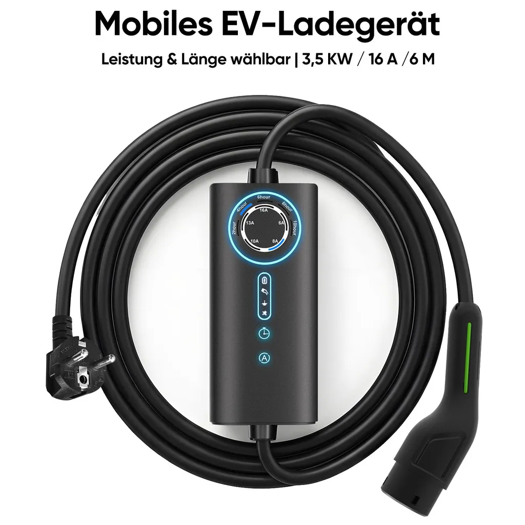Chargeur type 2 pour voiture électrique 3,5 kW Schuko 16A câble 6m