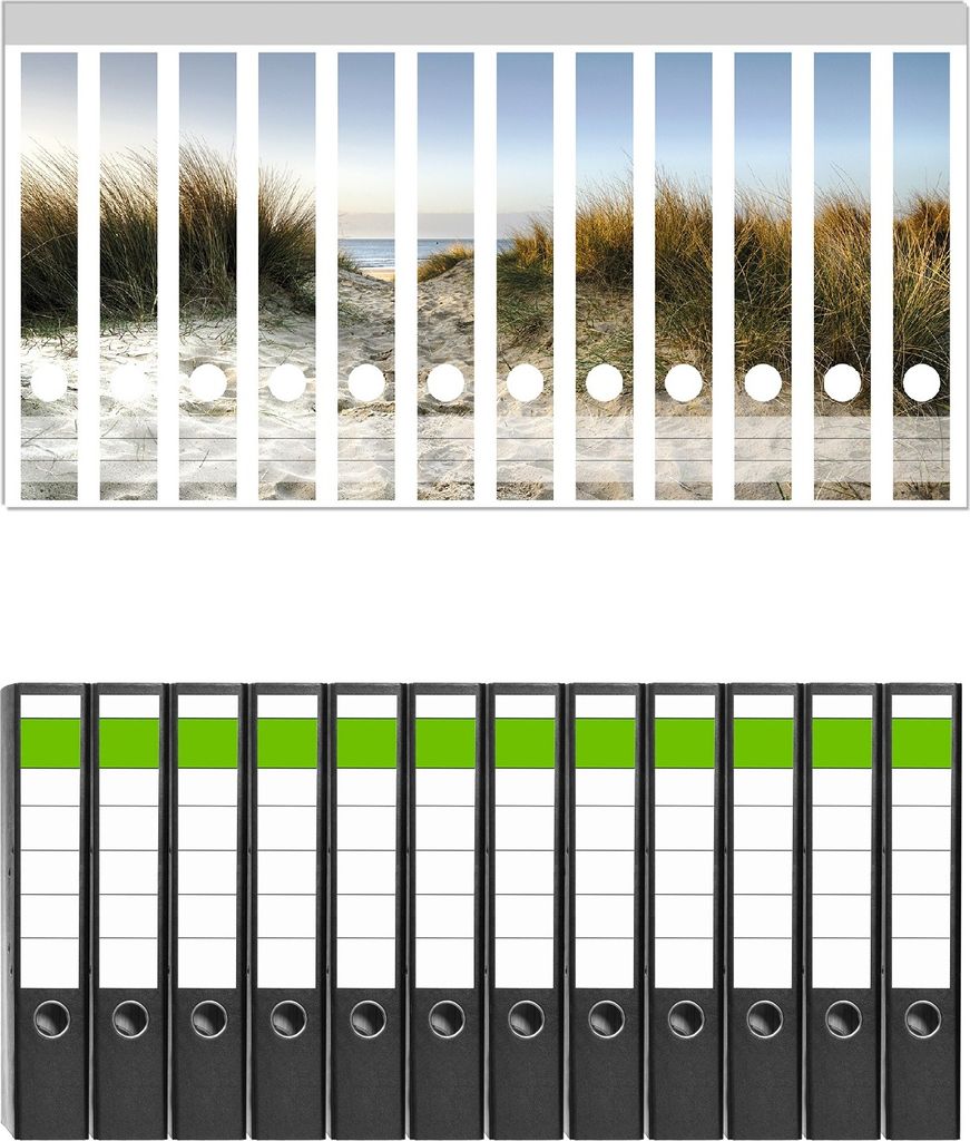 Wallario 12 Stück schmale Ordner inkl. Klebeetiketten mit Motive Weg durch die Dünen zum Strand am Meer - Set mit Rückenschildern / Ordnerrücke...