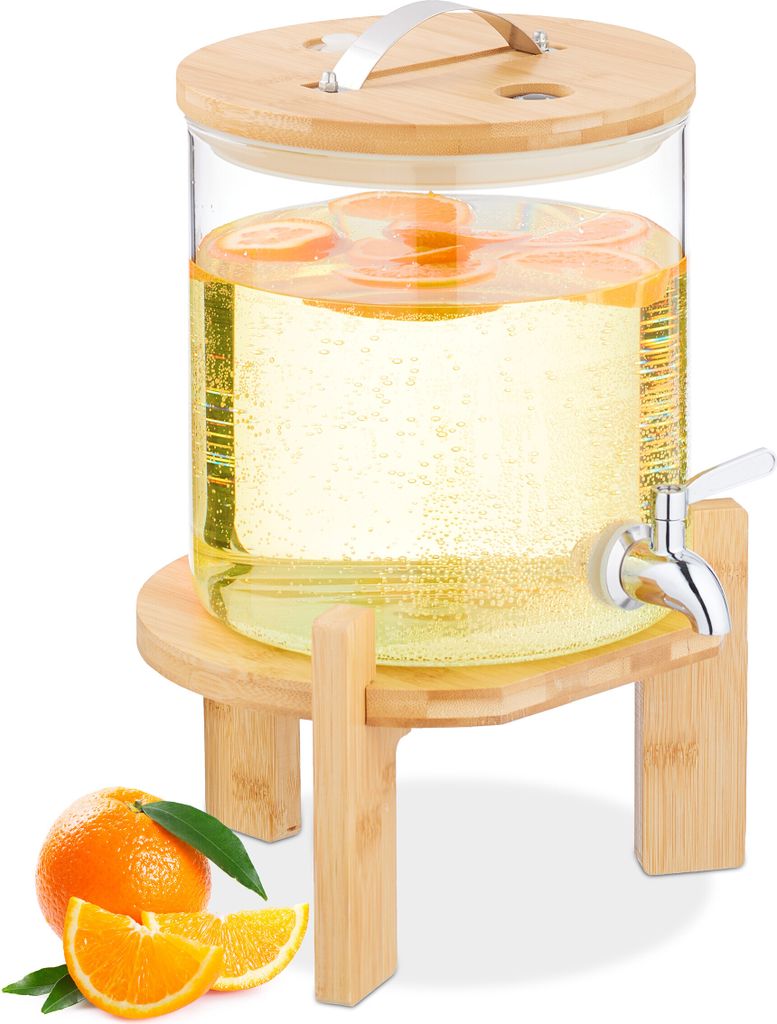 Relaxdays Getränkespender, 5 Liter, Kalt- & Heißgetränke, Bambus-Ständer, Thermometer, Bowle-Gefäß, transparent/ natur