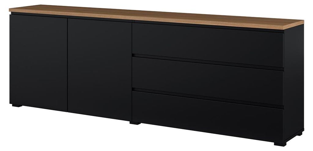 Buffet Liko mit 3 Schubladen und 2 Türen, Schwarz und Holzoptik, 200cm
