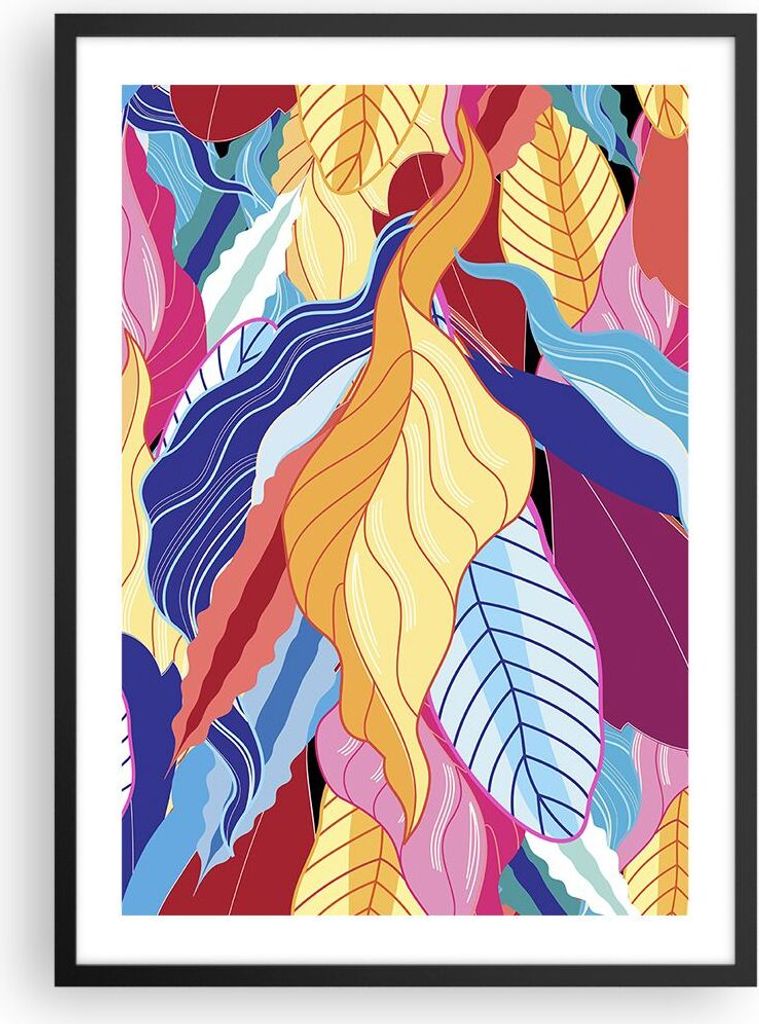 Gerahmtes Poster - Schwarzer Rahmen - Muster Blätter bunt - 50x70 cm - Wand Bild - Wanddeko - Wandbilder - Kunstposter - Wandposter - Bilderrahmen...