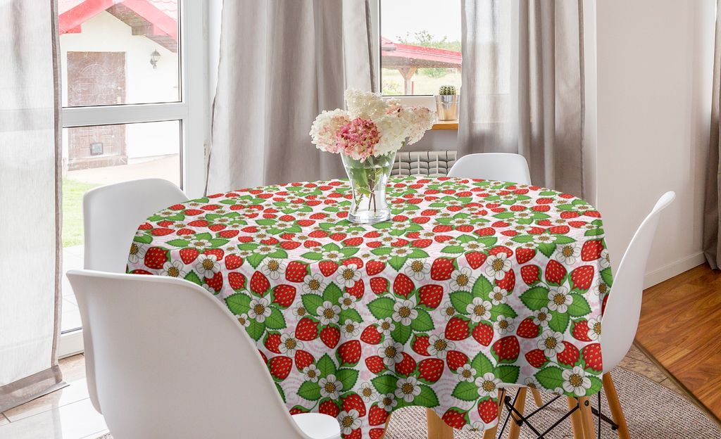 ABAKUHAUS Frühling Runde Tischdecke, Floral Strawberry Szene, Kreis Tischdecke Abdeckung für Esszimmer Küche Dekoration, 150 cm, Grün Rot
