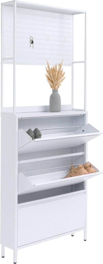 Schuhschrank MCW-O86, Schuhregal Schuhkipper, 3 Kippfächer Metall 201x80x20cm weiß